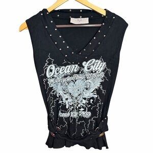 Y2K Studded Biker Graphic Tank Ocean City Motorcycle Rally Top Medium Bikercore